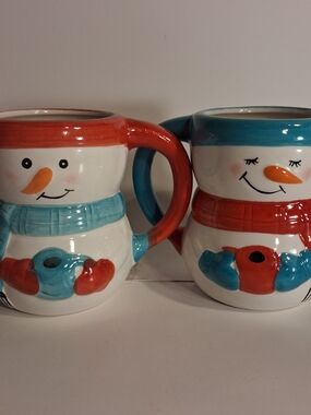 Bay Island Snowman Ceramic Mugs - Red & Teal Accents